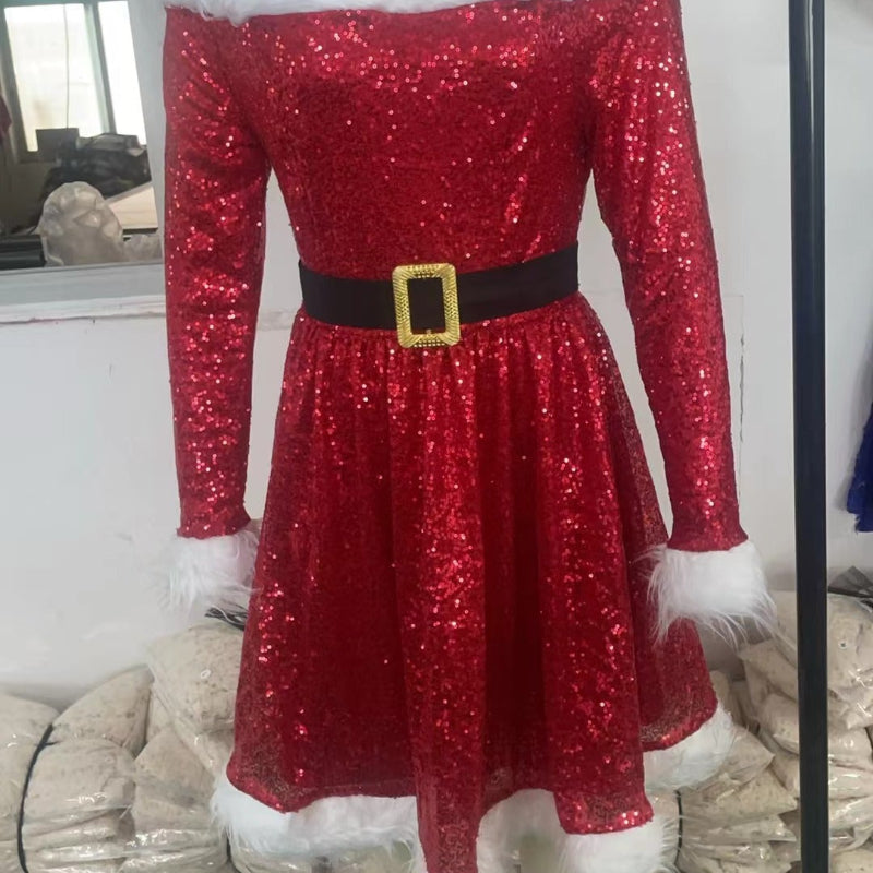 Red Sequin Off-Shoulder Christmas Dress