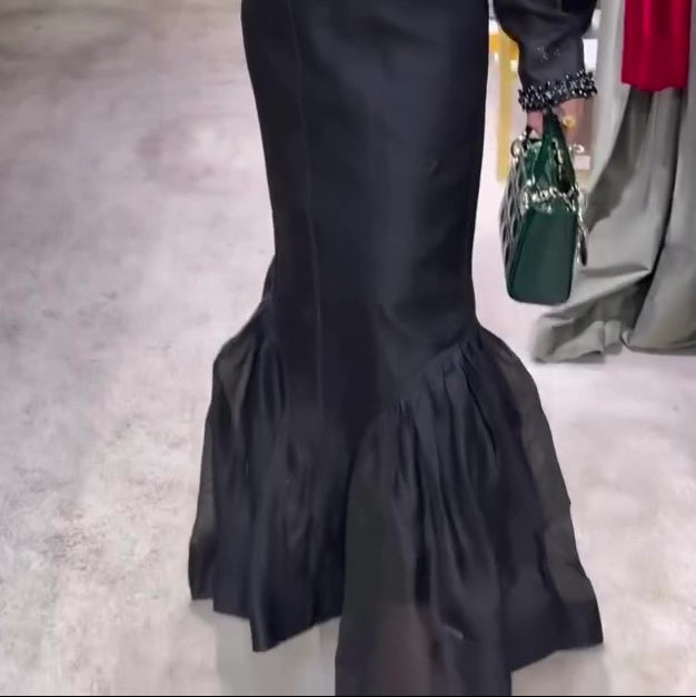 Black Structured Organza Mermaid Maxi Skirt