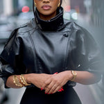 Black Lychee Grain Faux Leather Stand Collar Puff Sleeve Cropped Jacket