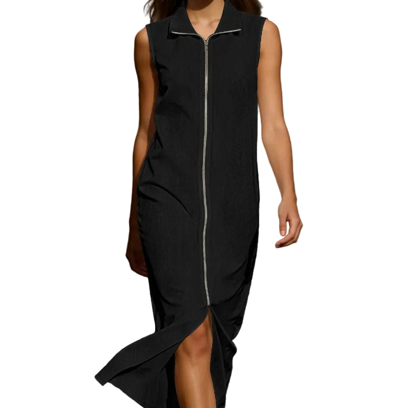 Sleeveless Stand Collar Zip Front Maxi Dress - black