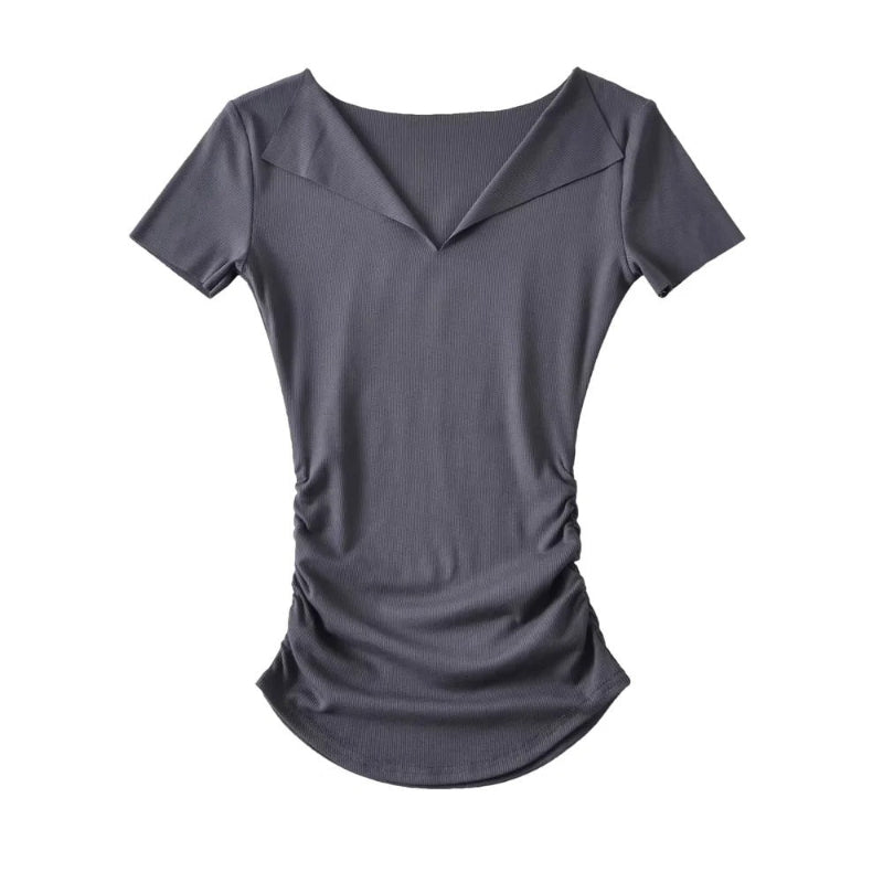 Half open solid color threaded short sleeved top