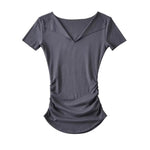 Half open solid color threaded short sleeved top