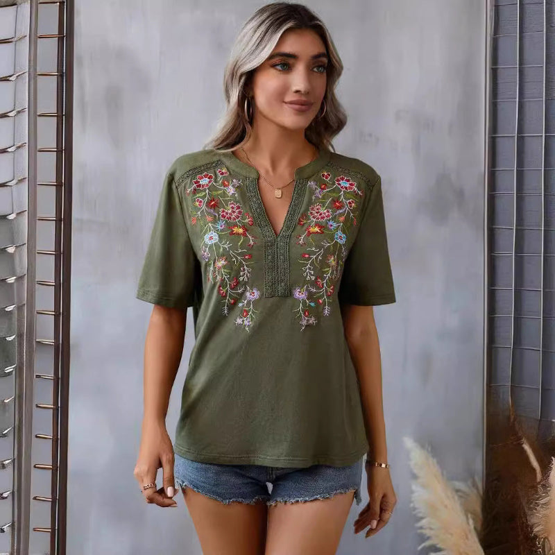 Fashion Flowers Embroidery Short Sleeve T-shirt - Olive Green