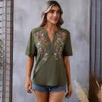 Fashion Flowers Embroidery Short Sleeve T-shirt - Olive Green
