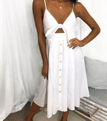 Tie-Front Button-Down Midi Dress - whte