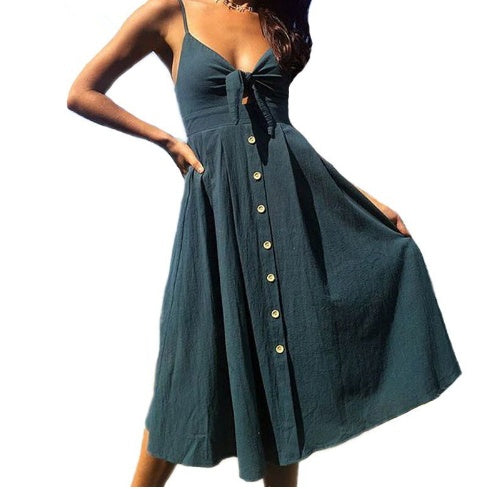 Tie-Front Button-Down Midi Dress - Dark blue
