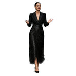 Black Blazer Sequin Fringe Midi Dress