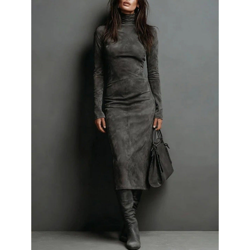Turtleneck Long-sleeved Midi Dress - dark grey