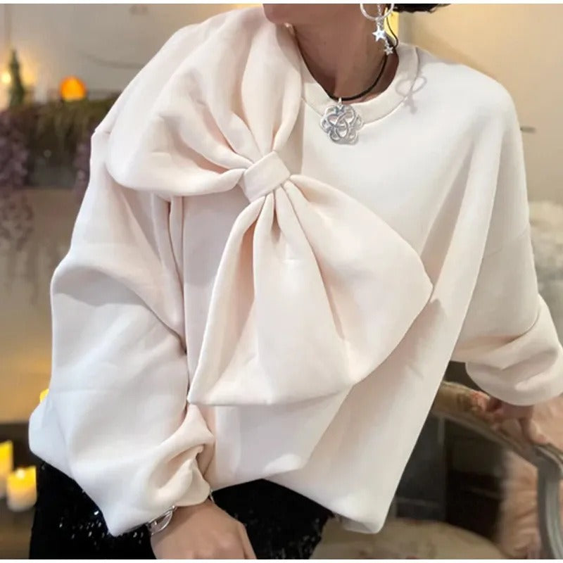 Elegant temperament long sleeved bow top