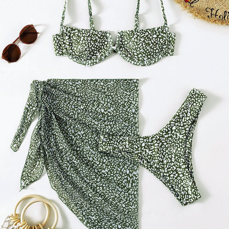 Three-Piece Floral Bikini & Beach Skirt Set -grey