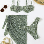 Three-Piece Floral Bikini & Beach Skirt Set -grey