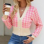 Houndstooth Button Up Long Sleeve Cardigan - runwayfashionista.com