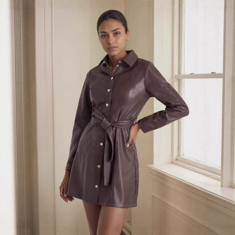 Belted Long-sleeve Leather Coat