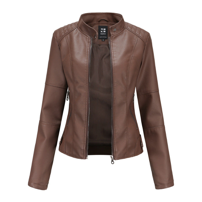 Zip-up Leather Jacket - coffee