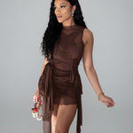 Sheer Mesh Mock-Neck Deconstructed Multi-Ribbon Draped Fringe Mini Dress — Brown, Black & Grey