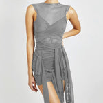 Sheer Mesh Mock-Neck Deconstructed Multi-Ribbon Draped Fringe Mini Dress — Brown, Black & Grey