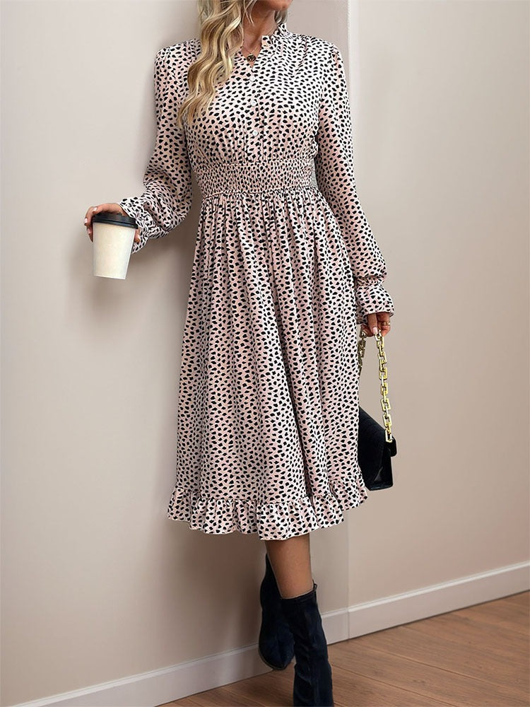 Pleated Long Sleeved Leopard Print Dress