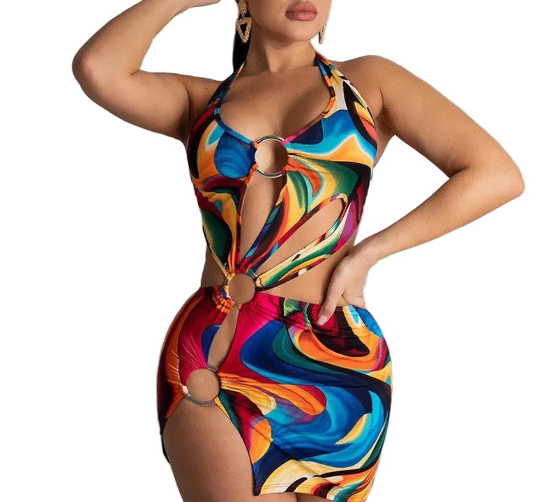 Multicolour Halter Ring Detail Mini Dress