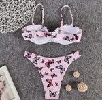 Pink Butterfly Print Underwire Balconette Spaghetti-Strap High-Cut Bikini Set