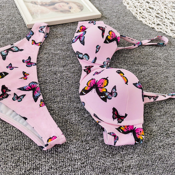 Pink Butterfly Print Underwire Balconette Spaghetti-Strap High-Cut Bikini Set