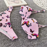 Pink Butterfly Print Underwire Balconette Spaghetti-Strap High-Cut Bikini Set