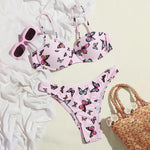 Pink Butterfly Print Underwire Balconette Spaghetti-Strap High-Cut Bikini Set