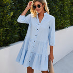 V Neck Button Three-quarter Sleeves Dresses - blue
