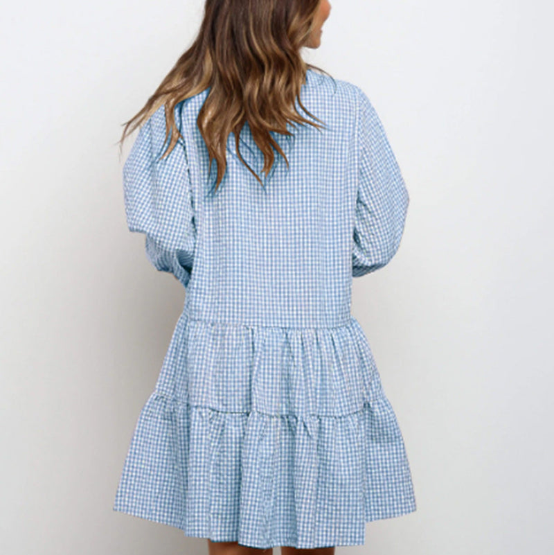 V Neck Button Three-quarter Sleeves Dresses - blue