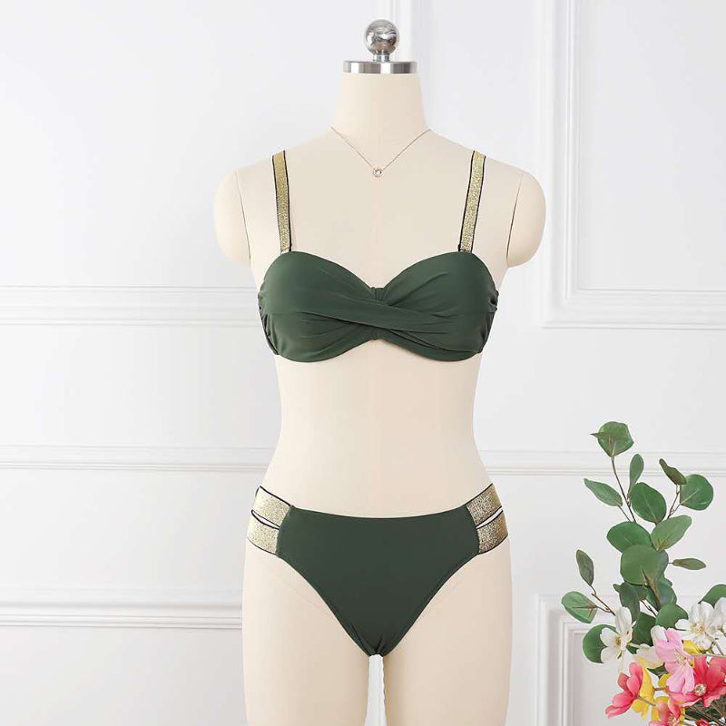 Mid-Waist Bandeau Gather Cup Bikinis - army green