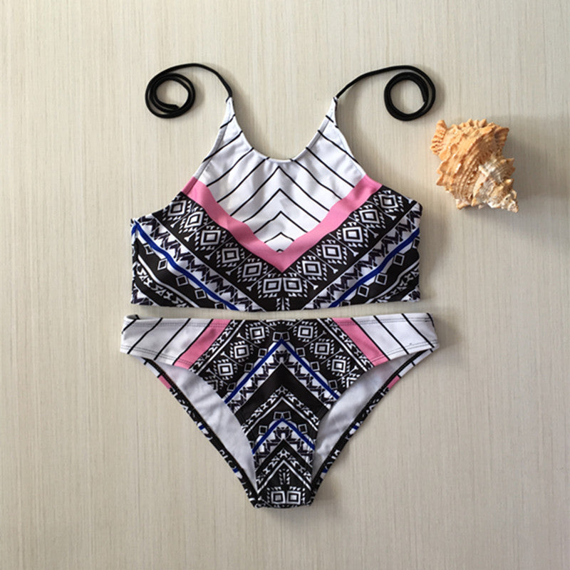 High-Neck Halter Geometric Tribal Print Bikini Set