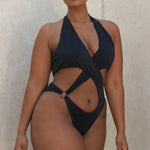 Crossover Plunge Halter Monokini with Gold O-Ring Cutout - black
