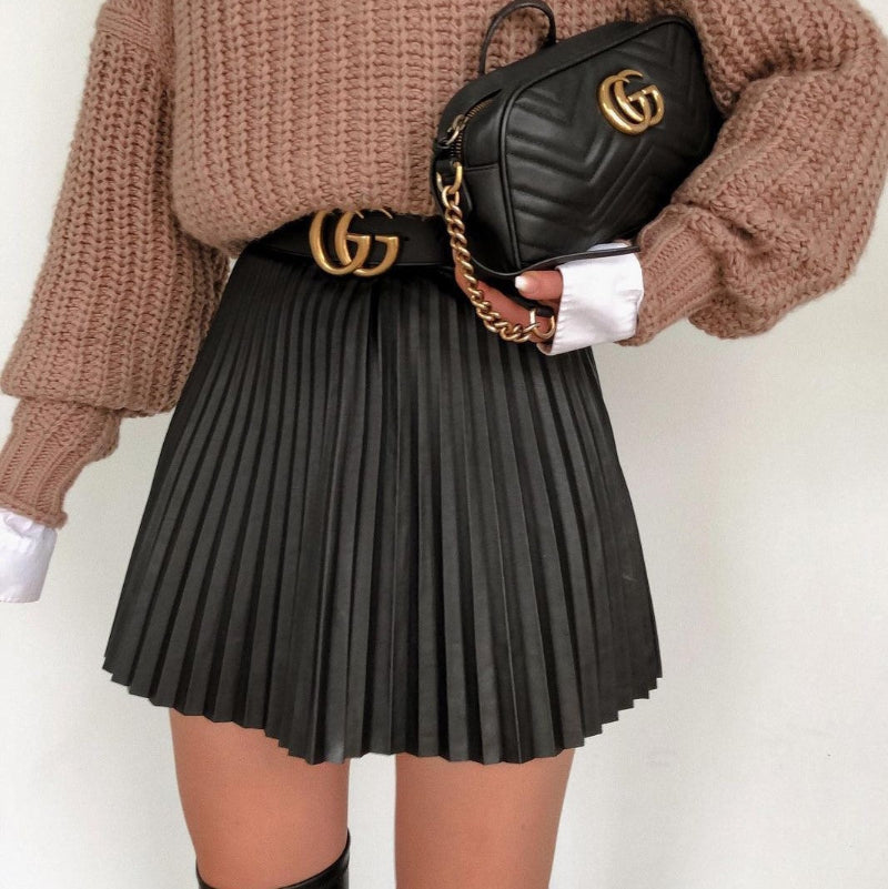 Black Accordion Knife-Pleated Faux-Leather High-Waist Flared Mini Skirt