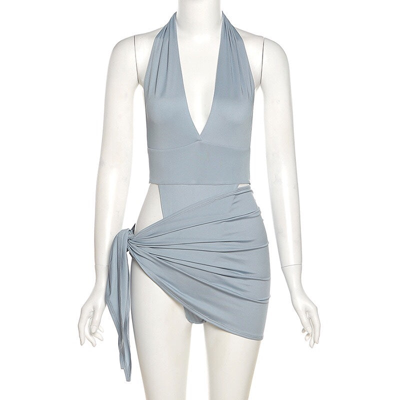 Plunge Halter Monokini with Wrap Skirt Panel — Dual Wear