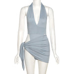 Plunge Halter Monokini with Wrap Skirt Panel — Dual Wear