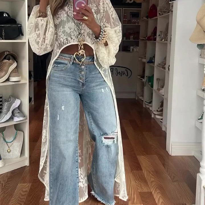 Round Neck Lace Short Front And Long Back Casual Top