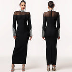 Elegant High Neck Long Sleeve Fitted Sequined Dress - black
