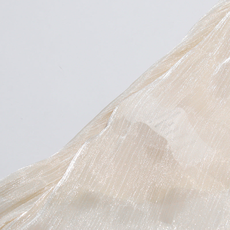Apricot Cream Satin Cold-Shoulder High-Halter Billowy Sleeve Ruffled-Cuff Asymmetric Blouse
