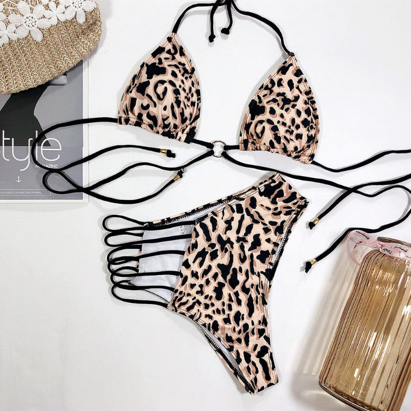 O-Ring Triangle Top Multi-Strap Waist Bikini Set - leopard