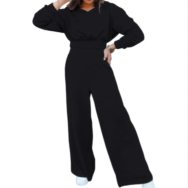 Oversized Cropped Hoodie & Wide-Leg Palazzo Sweatpant Co-Ord Set - black