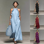 Resort Style Ruffled Halter Neck Sleeveless Maxi Dress - blue