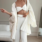 White Pleated Vest Cardigan Three-piece Wide-leg Pants Suit