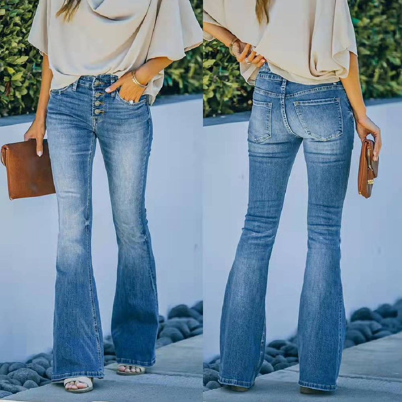 Button Micro Flare High Waist Stretch Jeans - runwayfashionista.com