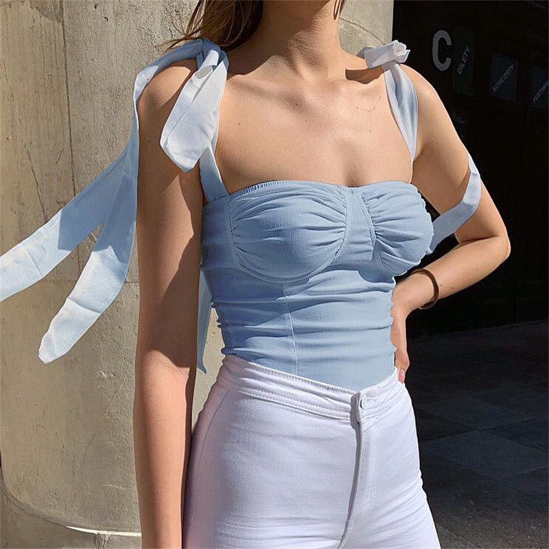 Knitted tie bow backless top