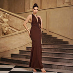 Chocolate Brown Glitter-Knit Deep V-Neck Halter Ruched-Waist Backless Mermaid Evening Gown