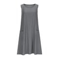 A sleeveless, mid-length A-line tank dress with a round neck.