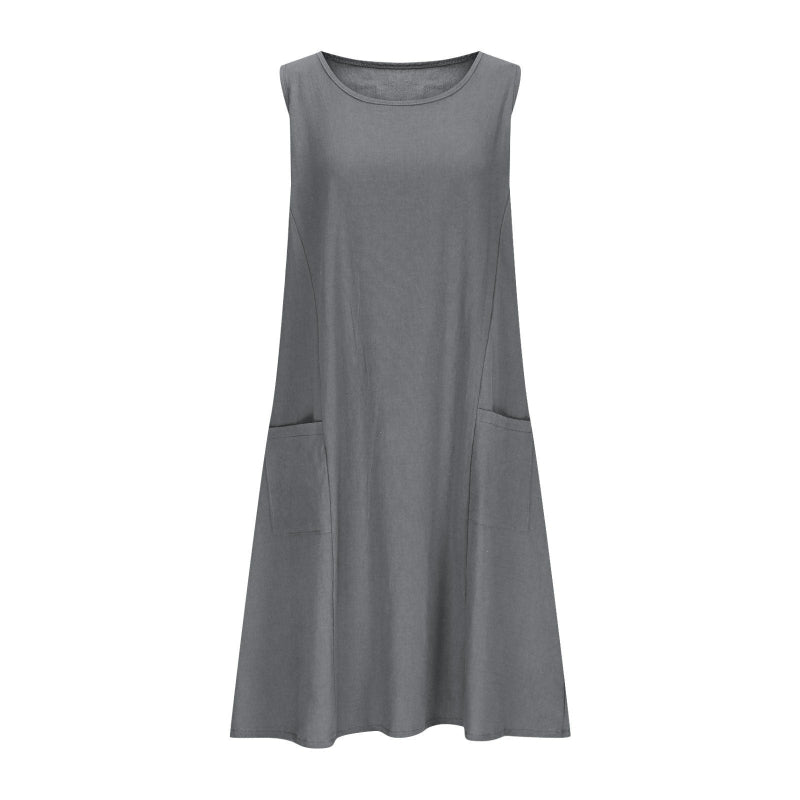 A sleeveless, mid-length A-line tank dress with a round neck.