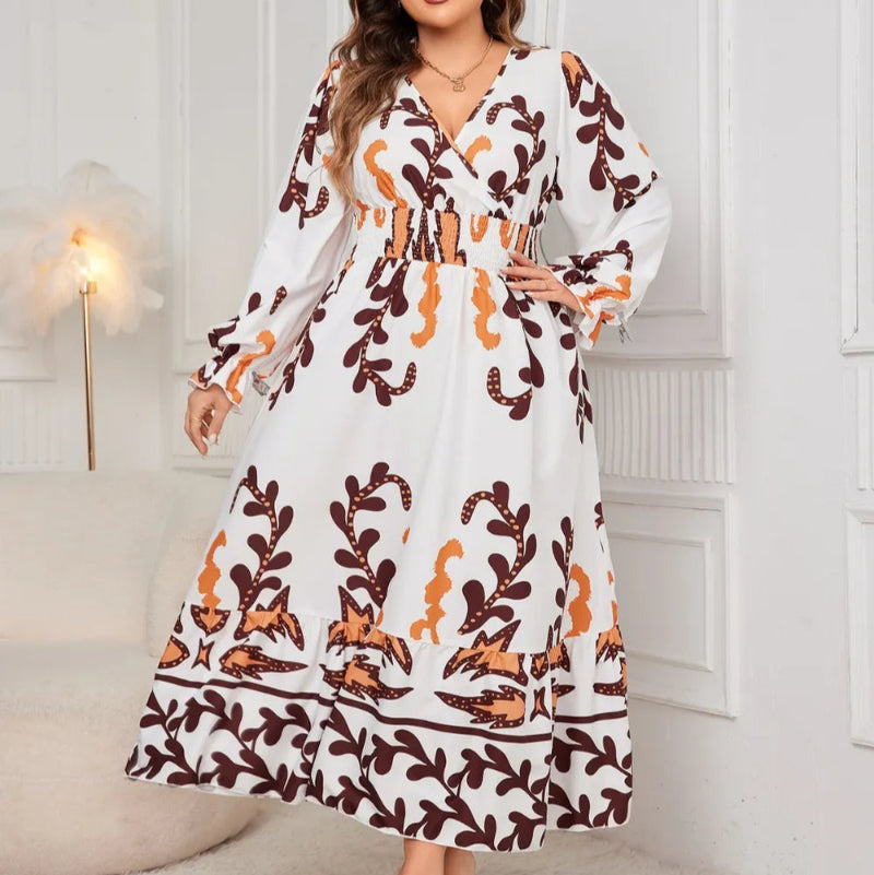 Plus Size Printed Surplice Flounce Sleeve Dress - runwayfashionista.com