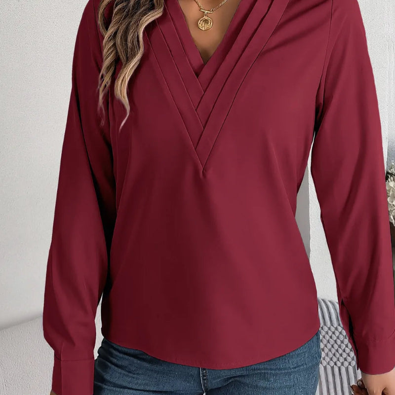 V-Neck Long Sleeve Blouse - runwayfashionista.com