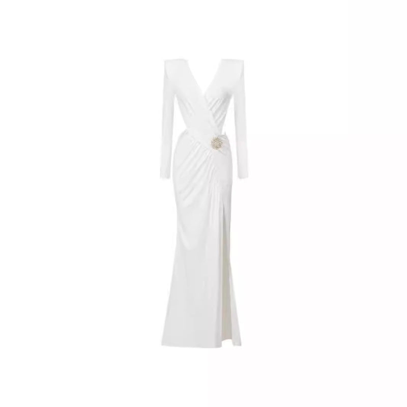White or black long dress with metal cross-lace, halter neck, and V-neck.