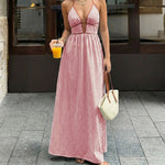 Deep V-neck Striped Maxi Dress - red